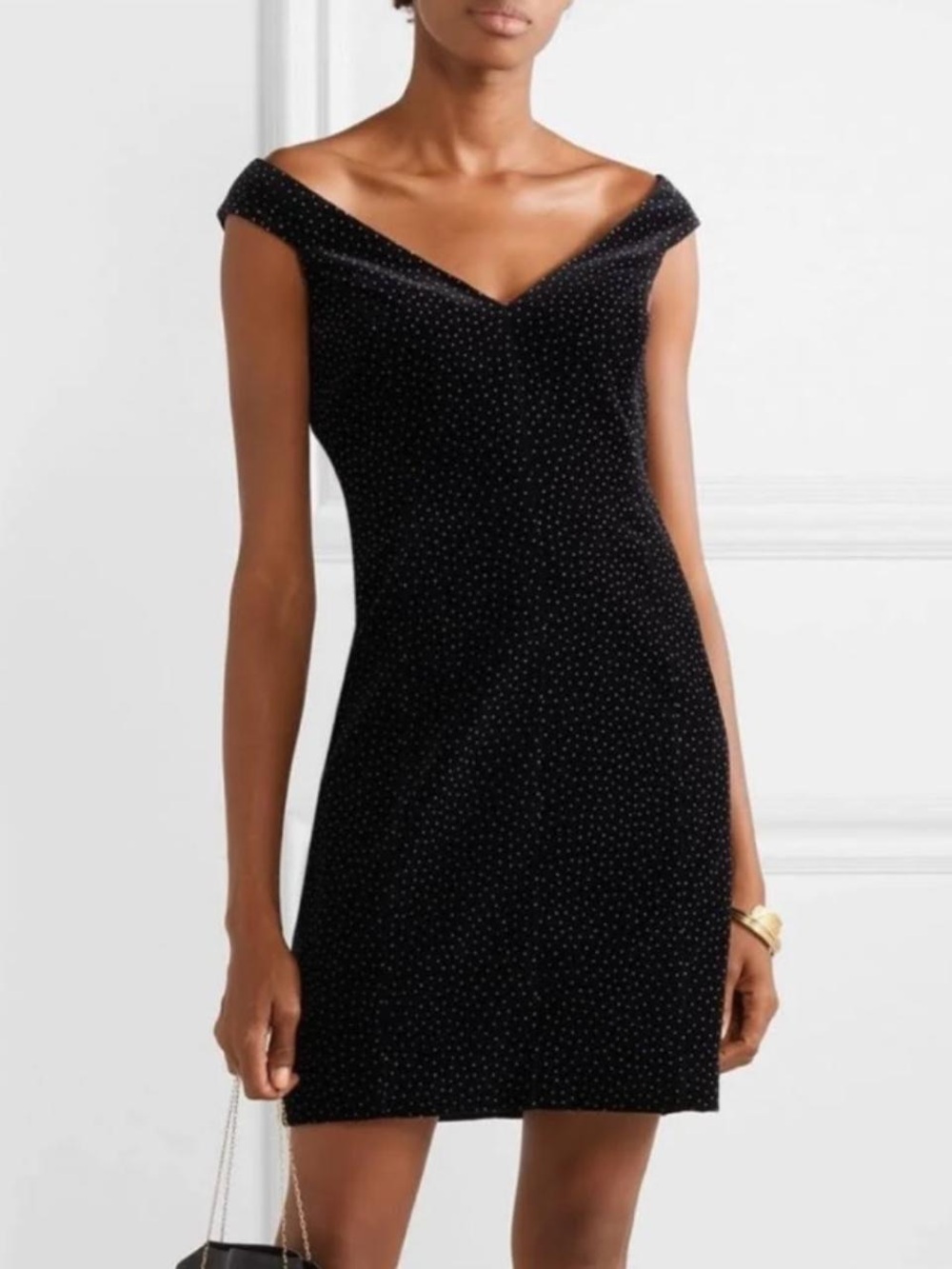 Theory Black Off-the-Shoulder Mini Dress with Subtle Dot Texture
